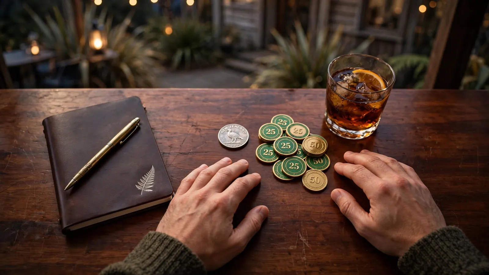 Hands beside casino chips and a notebook on a wooden table