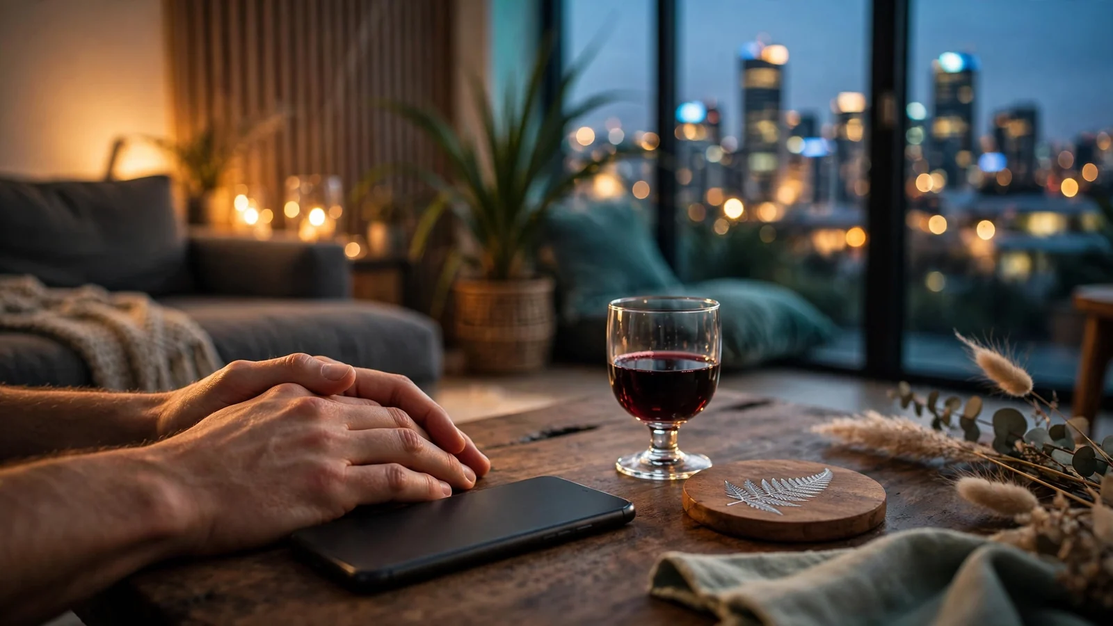 Smartphone face-down on a coffee table in a modern New Zealand apartment at dusk.