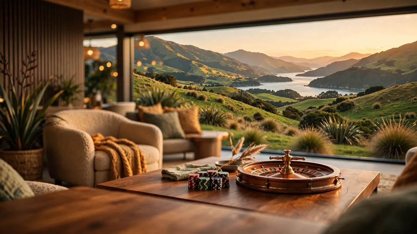 Casino chips and roulette wheel on a table with New Zealand hills at sunset