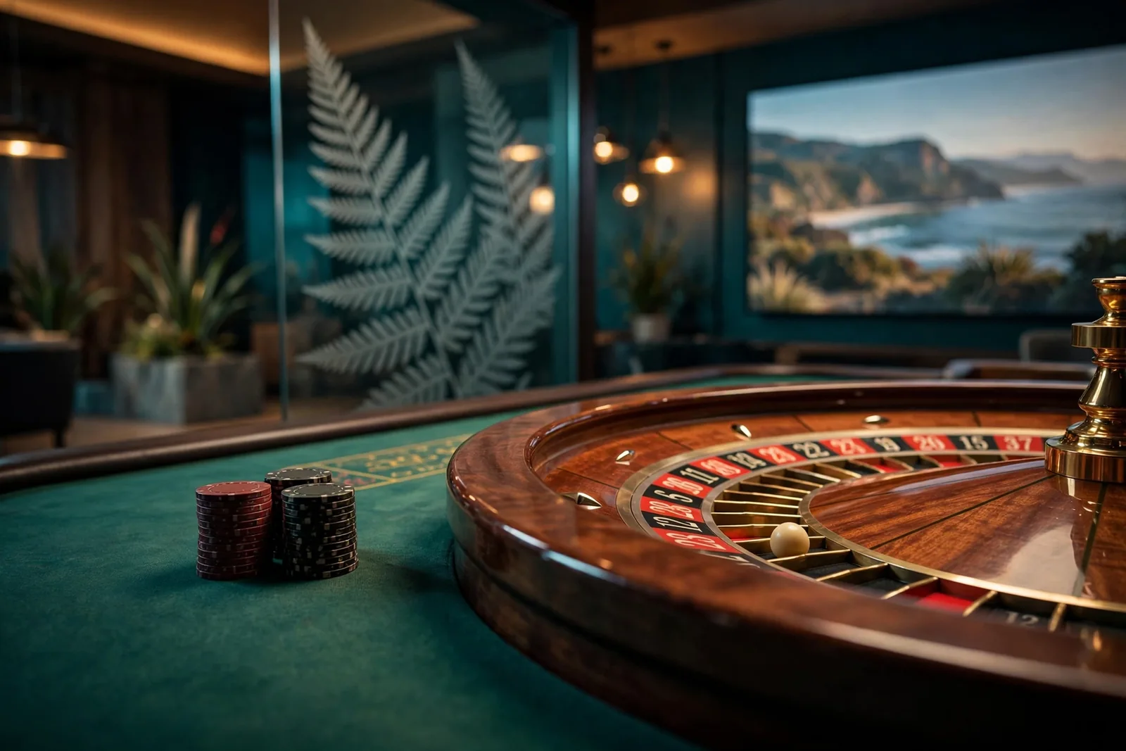 Elegant live roulette wheel with chips on a casino table, New Zealand-inspired studio setting.