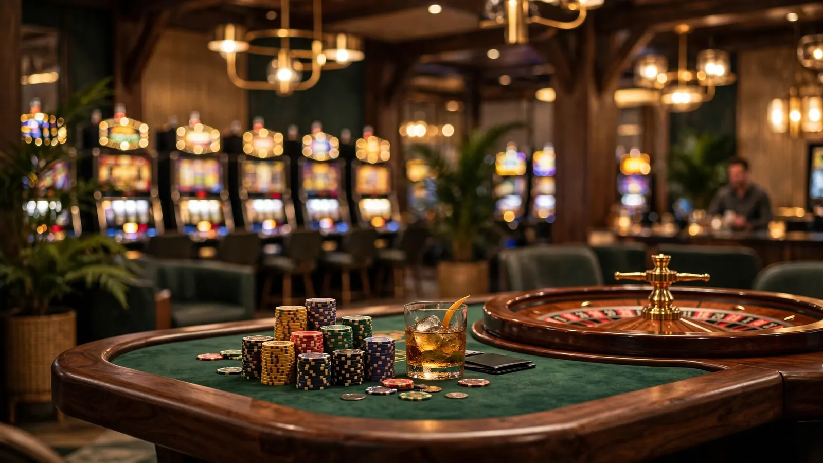 Elegant New Zealand casino table with roulette wheel and warm ambient lighting