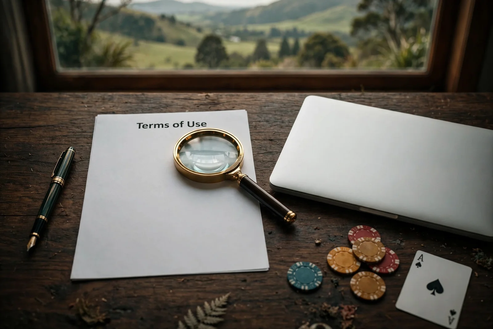 Terms of Use document with magnifying glass, pen, and subtle casino props on a desk