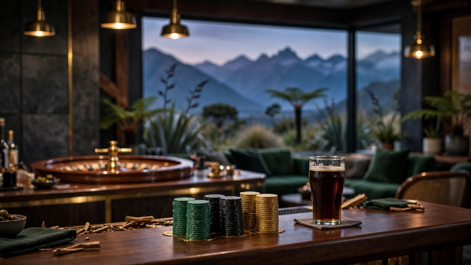 Stylish casino lounge interior with chips and roulette, New Zealand alpine view through window