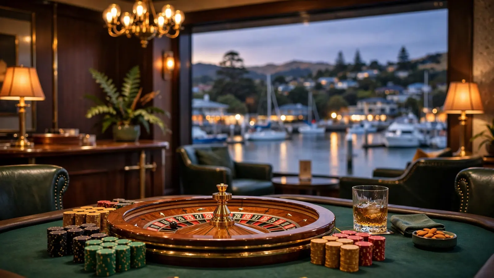 Stylish casino lounge with roulette wheel and chips, New Zealand harbor view at night.