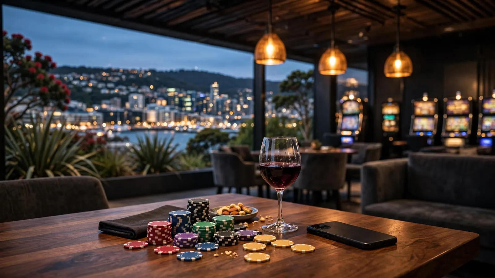 New Zealand casino lounge at dusk with chips on a table