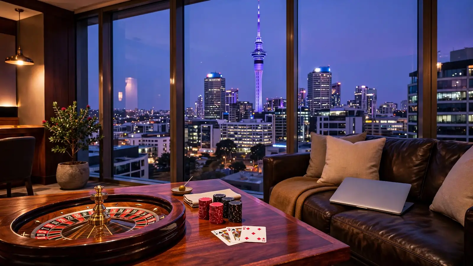 Auckland skyline through a luxury lounge window with a roulette wheel and casino chips on a polished table.
